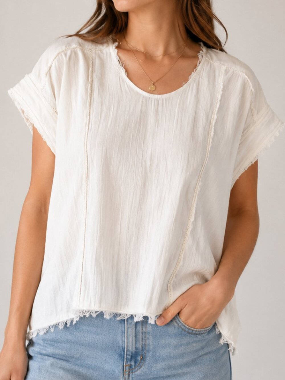 Aritzia Azure Skies Women M White Cotton Lace Raw Hem Boho Tunic Top Lightweight